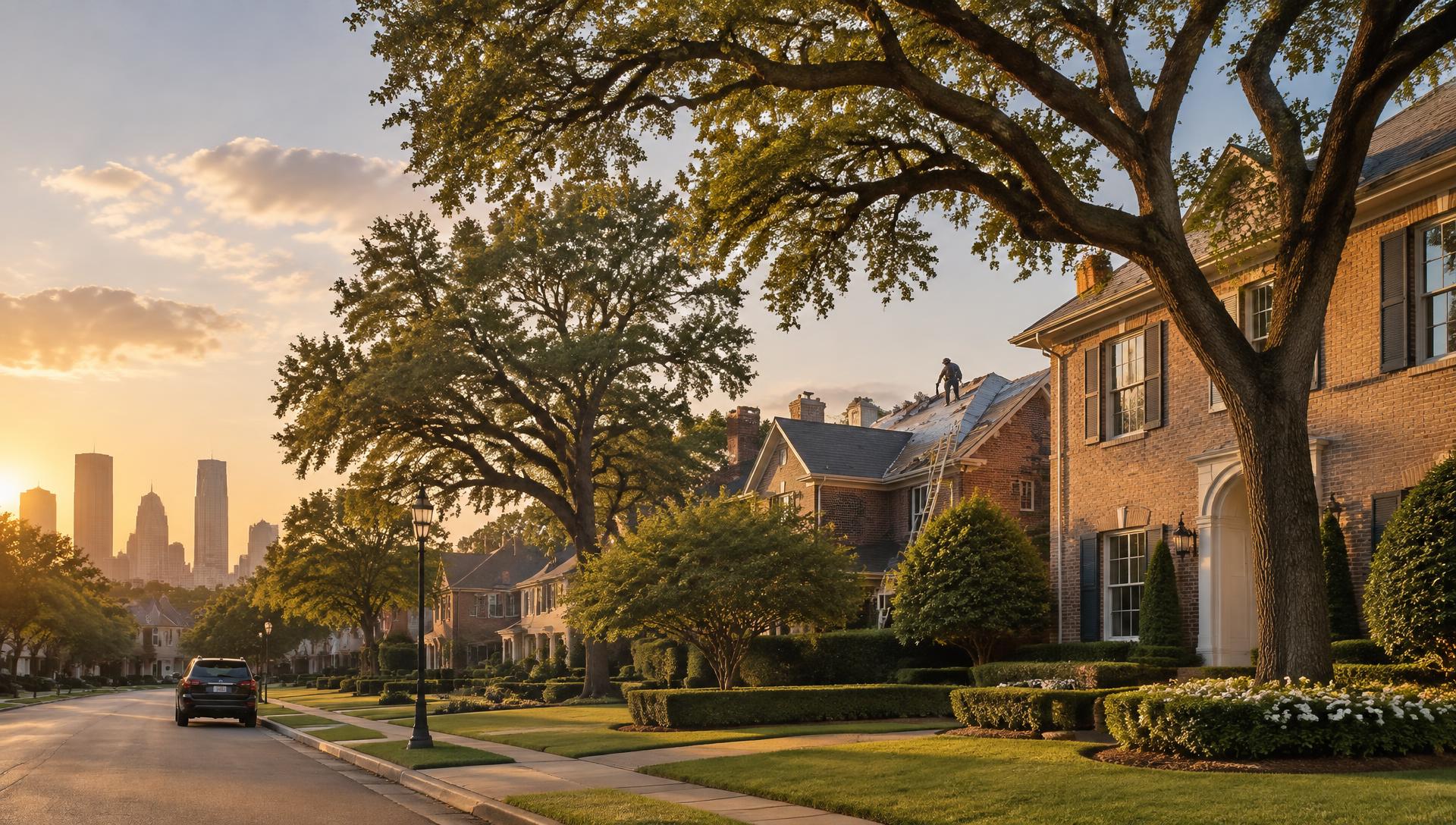 Tree-lined Houston neighborhood at sunset